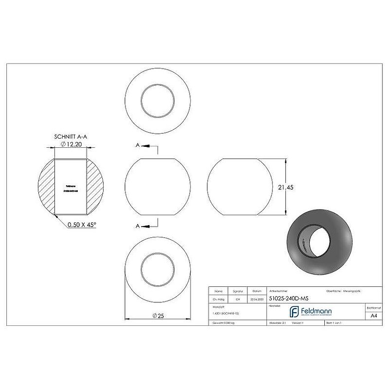 Boule laiton pleine Ø 25mm avec trou de passage Ø 12,2mm