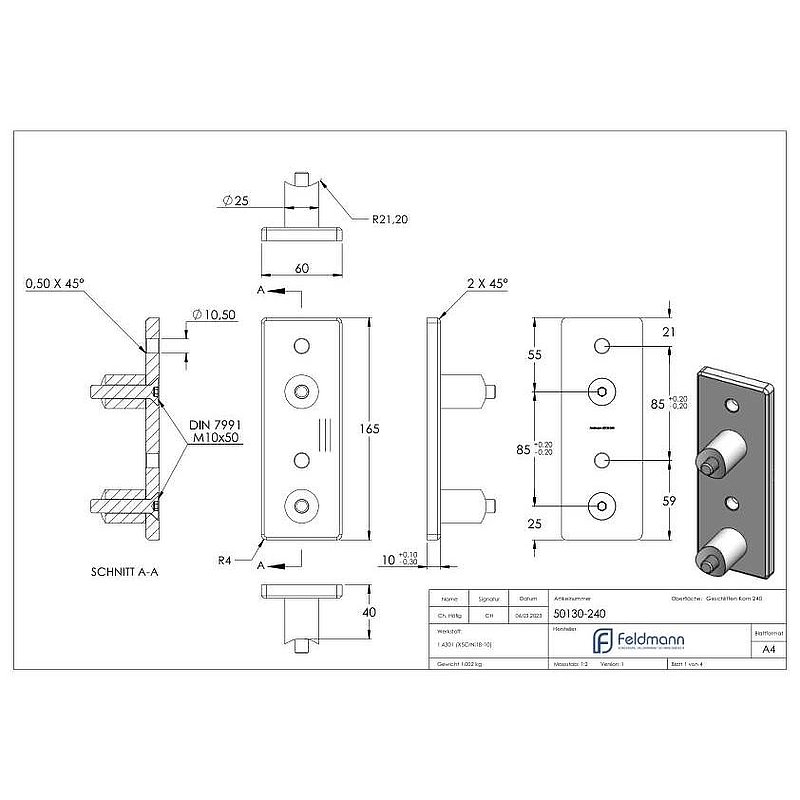 Wall mounting for railing posts 42.4 mm, AISI304
