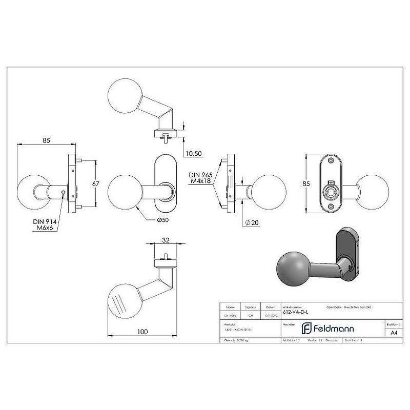 Drückerknopf, Ø 50mm, drehbar, V2A