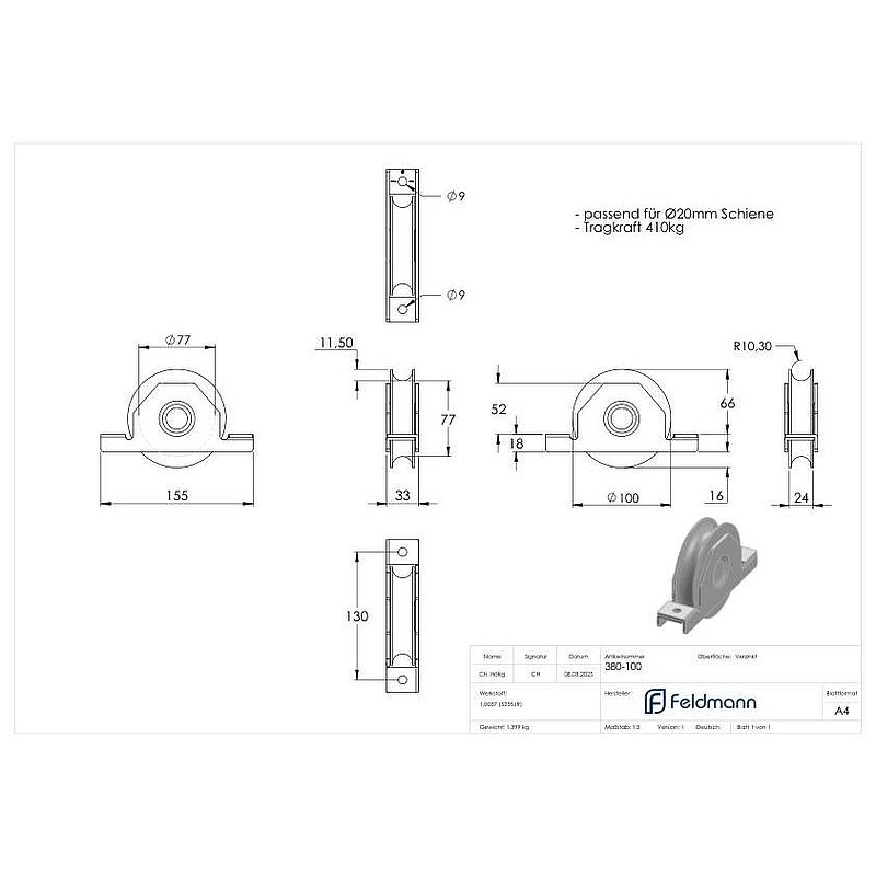 Sliding gate roller with round groove, Ø 100mm, for rail Ø 20mm, 2 ball bearings, galvanised