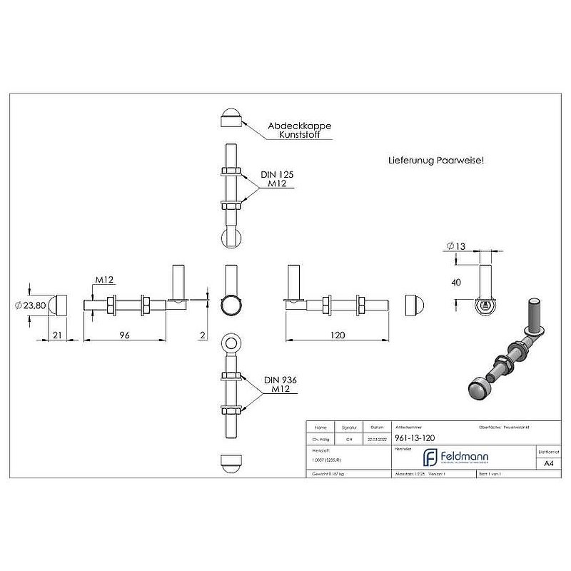Kloben zum Durchschrauben für Ø 13mm, L: 120mm