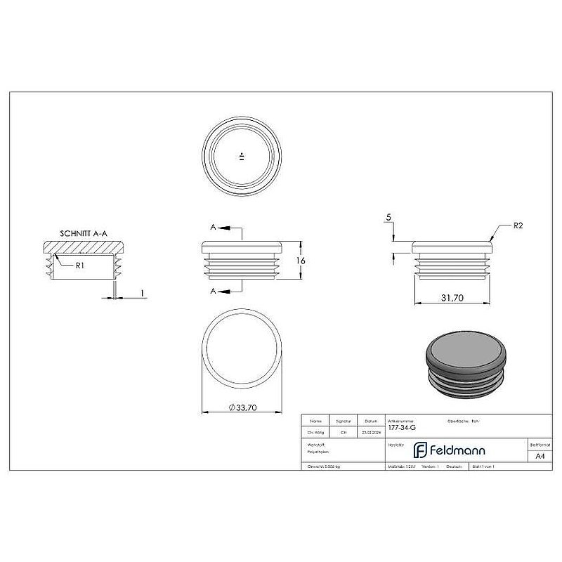 Kunststoffkappe für Rundrohr 33,7mm