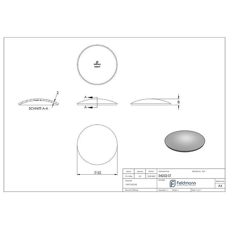 Halbrundschale 52x2,0mm, H: 8mm