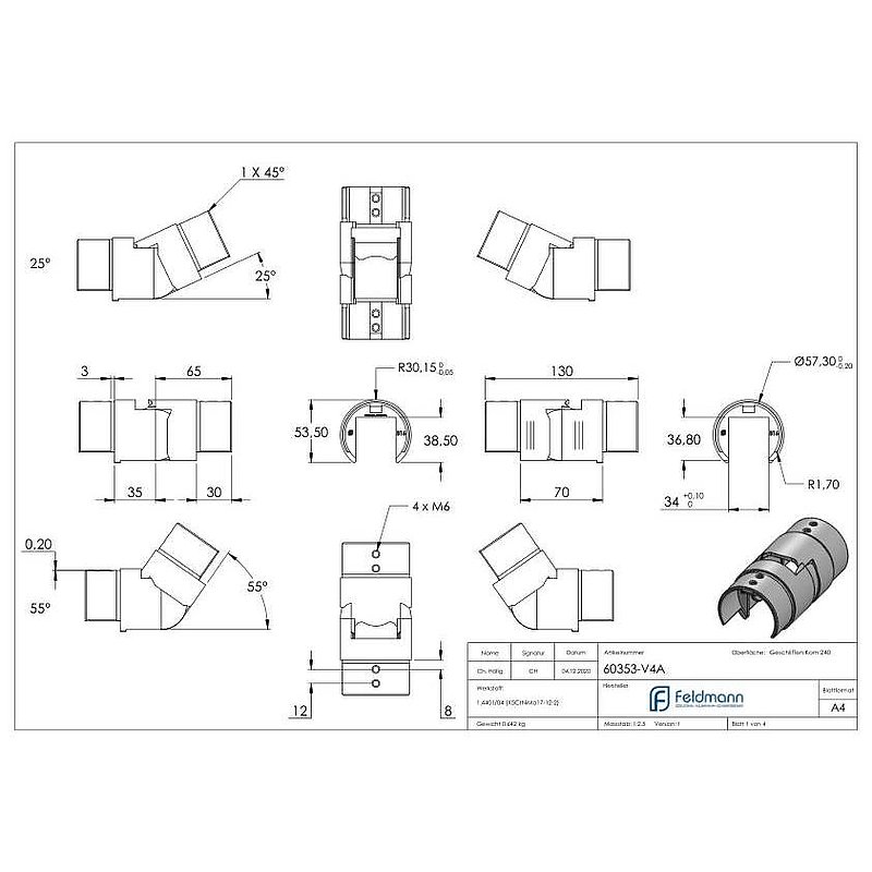 Raccord articulé pour tube à fond de gorge Ø 60,3mm, V4A