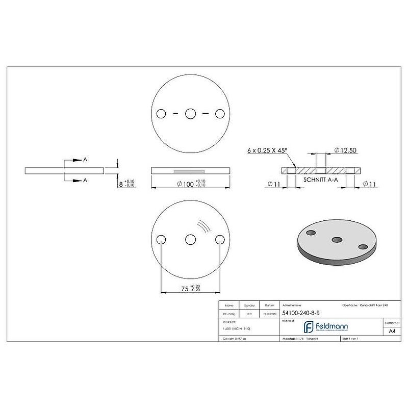 Anchor plate Ø 100x8mm, with round grinding, AISI304