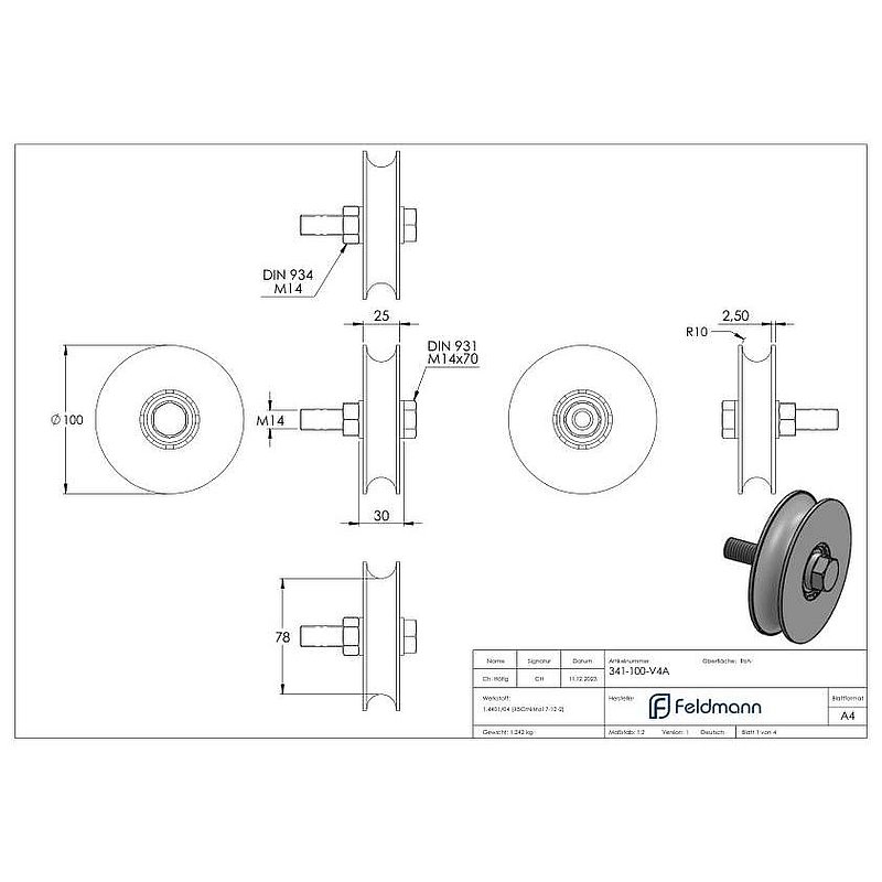 Schiebetorrolle Ø 100mm mit Rundrille Ø 20mm, V4A