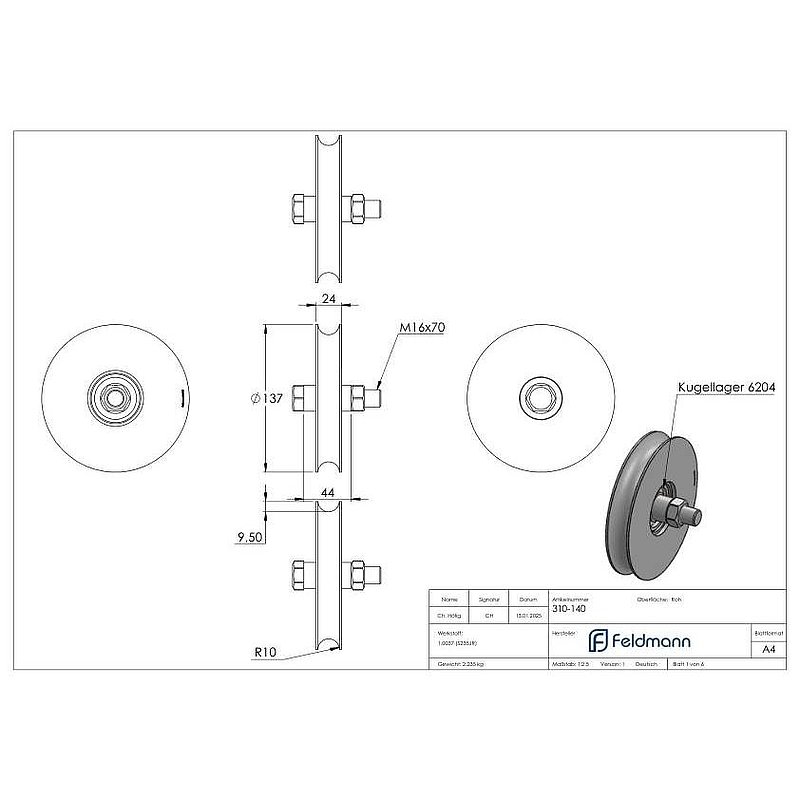 Galet pour porte coulissante avec rainure ronde