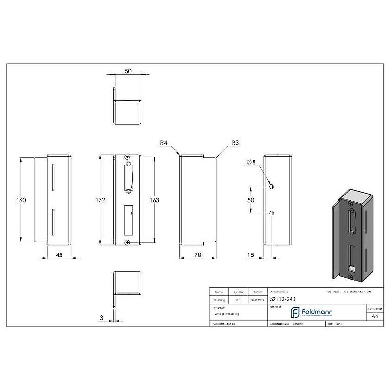 Edelstahlgegenkasten eckig, für Abstand 72mm, 50mm, V2A
