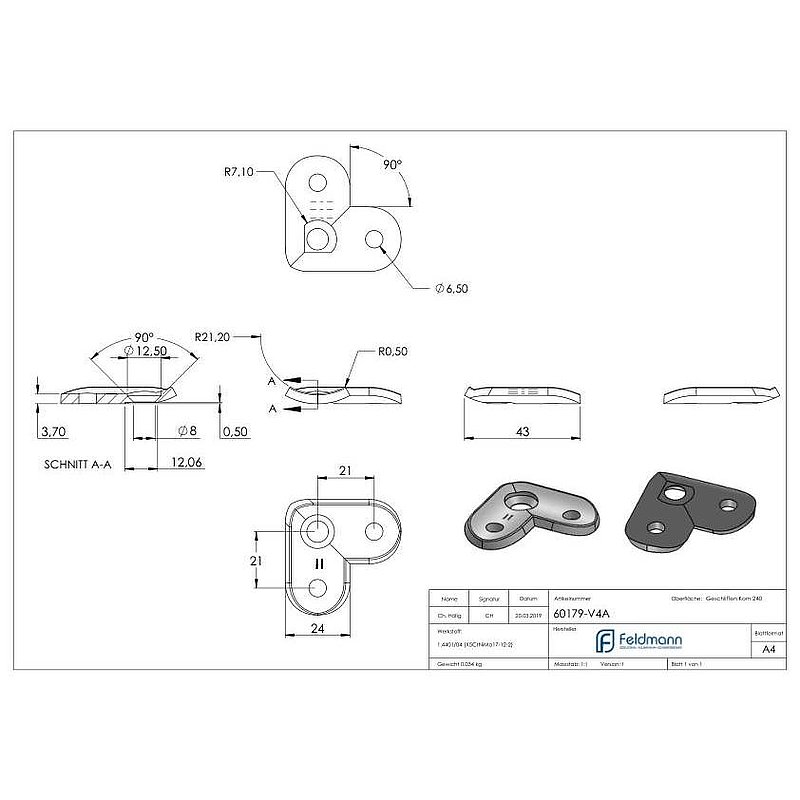 Plaque de raccordement de mains courantes 90°, 42,4mm, V4A