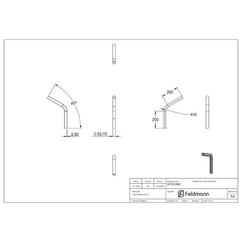Rohrbogen 60°, aus Rohr 33,7x2,5mm, V2A