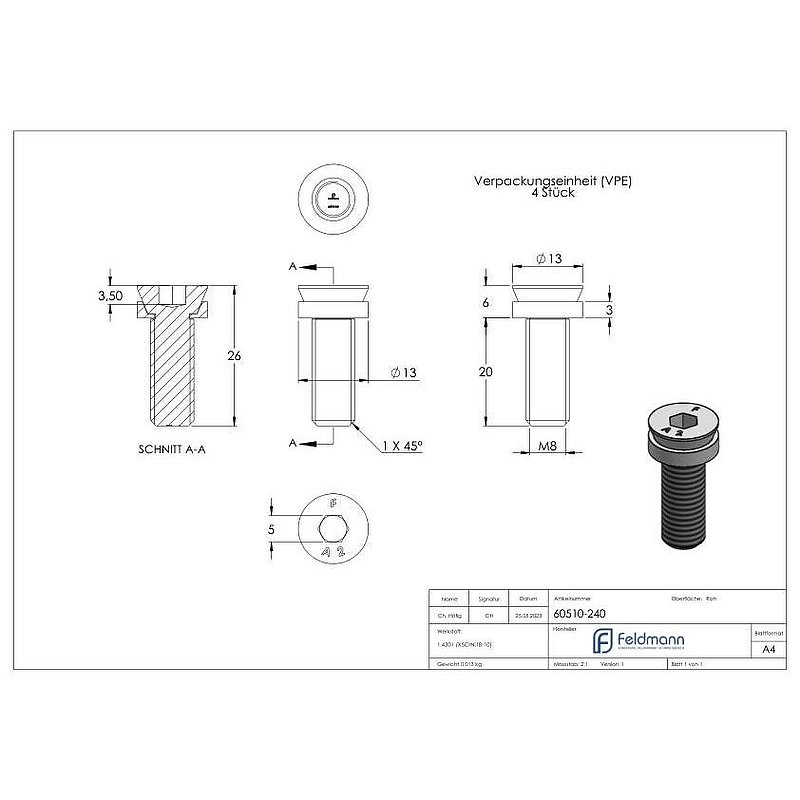Spezialschraube M8 x 20, A2, VPE = 4 Stück