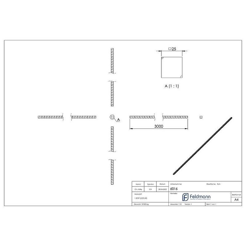 Square S235JR, 25x25mm, L: 3000mm