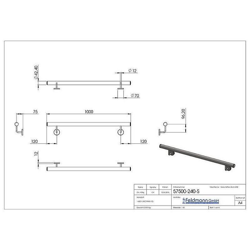Handlauf, montagefertig, L: 1000mm, V2A