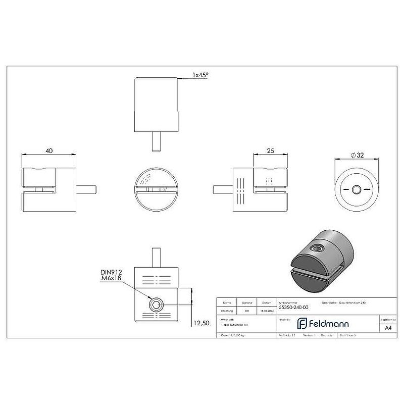 Sheet metal holder, Ø 32mm, connection: straight, AISI304