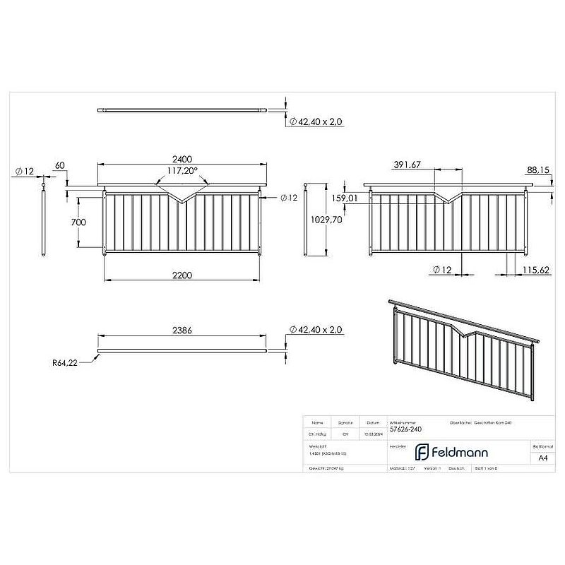 Französisches Balkongitter, mit V-Ausschnitt, B: 2,2m, V2A
