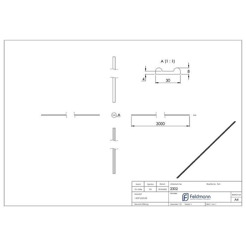 Hespeneisen S235JR, 30x8x4mm, L: 3000mm