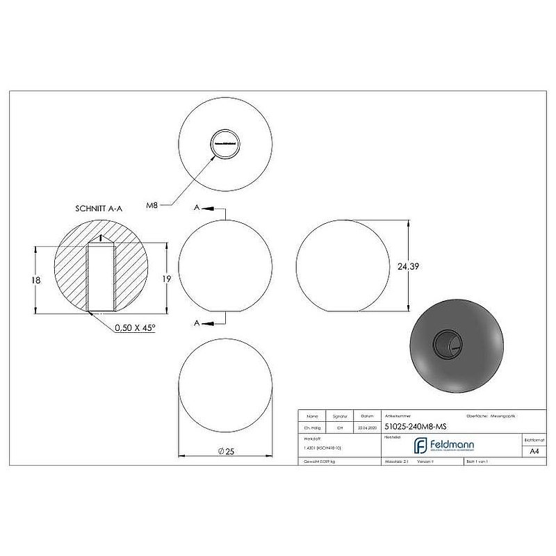 Boule laiton pleine Ø 25mm avec M8
