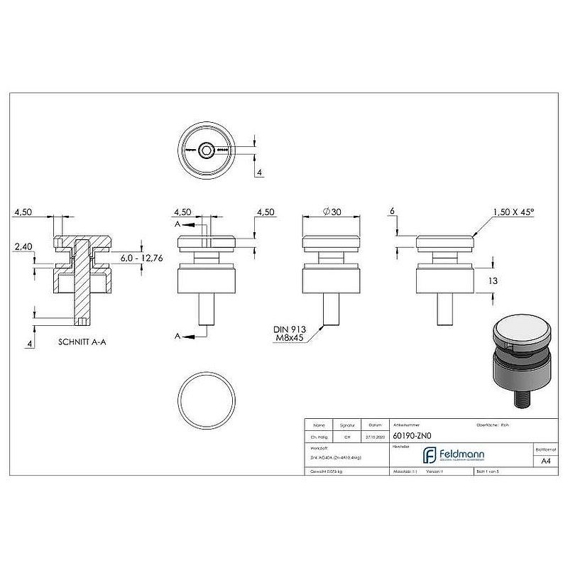Glass point holder 30mm, connection: flat, raw zinc