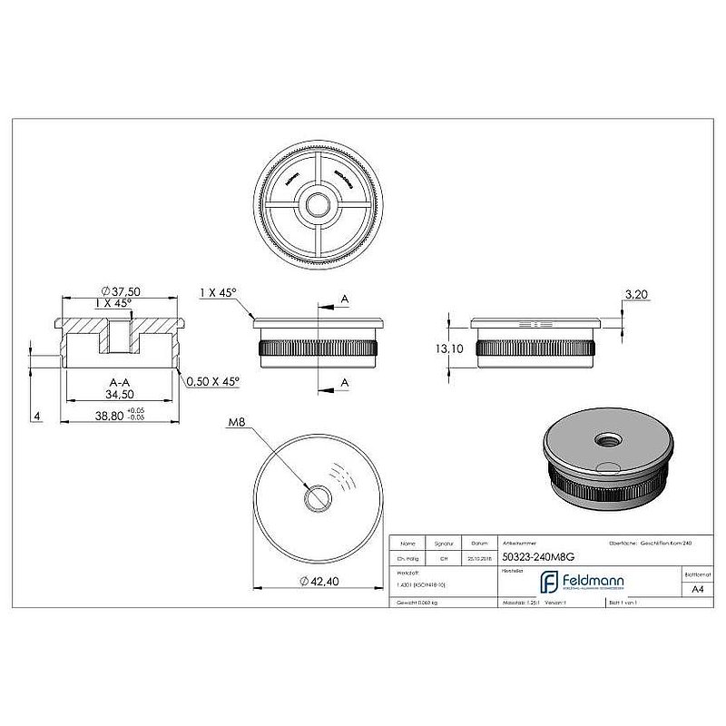 Rohrabschlussstopfen für Rohr 42,4x2,0mm, V2A