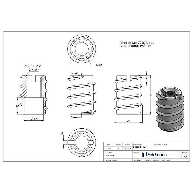 Rampa-Muffe M12x30, Stahl verzinkt