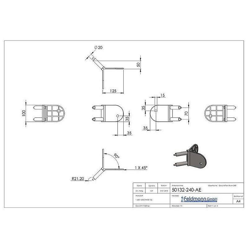 Wall mounting for railing posts 90° outside corner, AISI304
