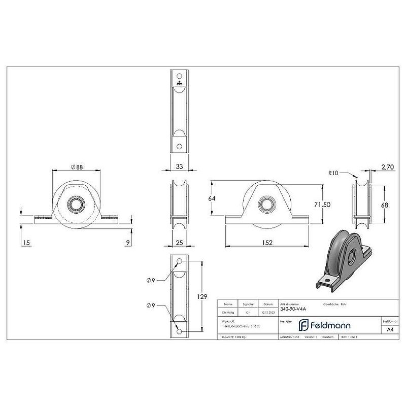 Schiebetorrolle Ø 90mm mit Rundrille Ø 20mm, V4A