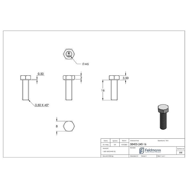 Hexagon head screw M5x16, AISI304, DIN 933