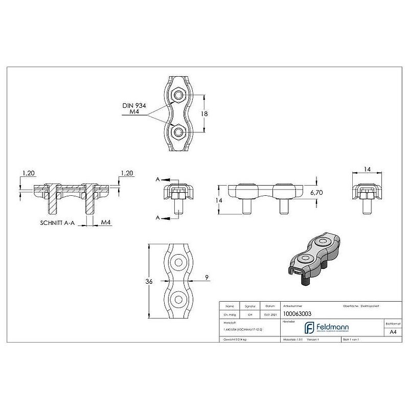 Serre-câble plat double pour câble 3mm, V4A