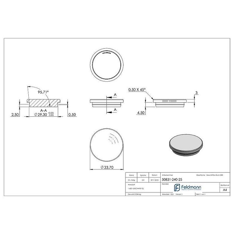 Rohrabschlussstopfen, für Rohr 33,7x2,5mm, V2A
