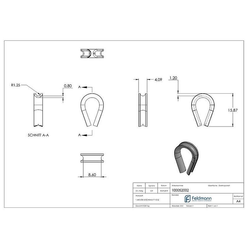 Cosse coeur pour câble 2mm, V4A