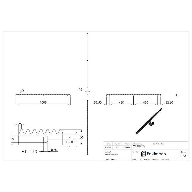 Zahnstange 30 x 12mm, Länge 1m, inkl. Befestigungsmaterial, V2A