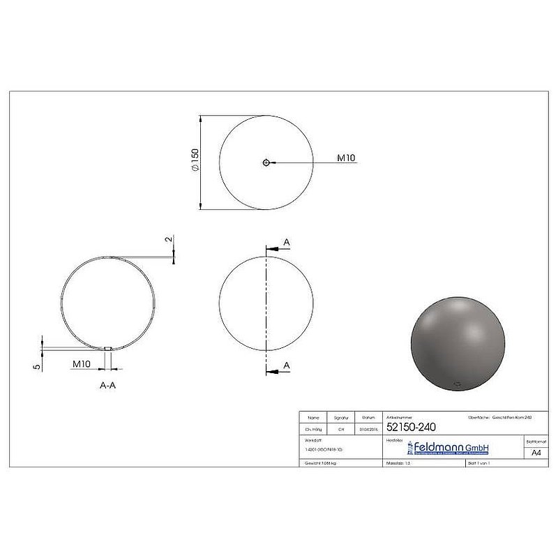 Hollow ball Ø 150mm with M10 thread, AISI304
