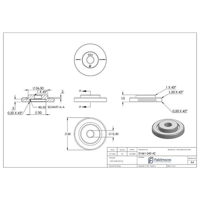 Adapterplatte Ø 60mm für Rohr 42,4 x 2,0-2,5mm, V2A