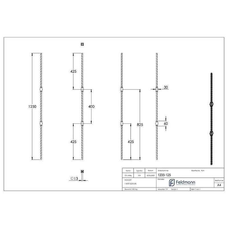 Knubbelstab 13x13mm, gehämmert, H: 1250mm