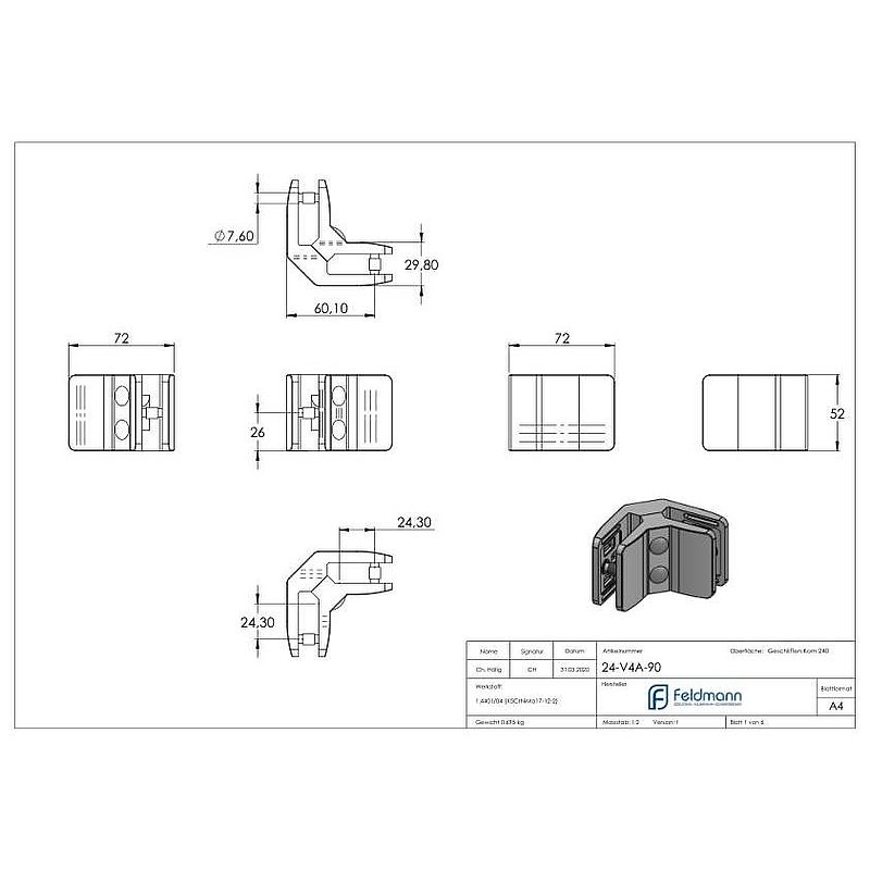 Eckglasklemme 90° Mod. 24, V4A