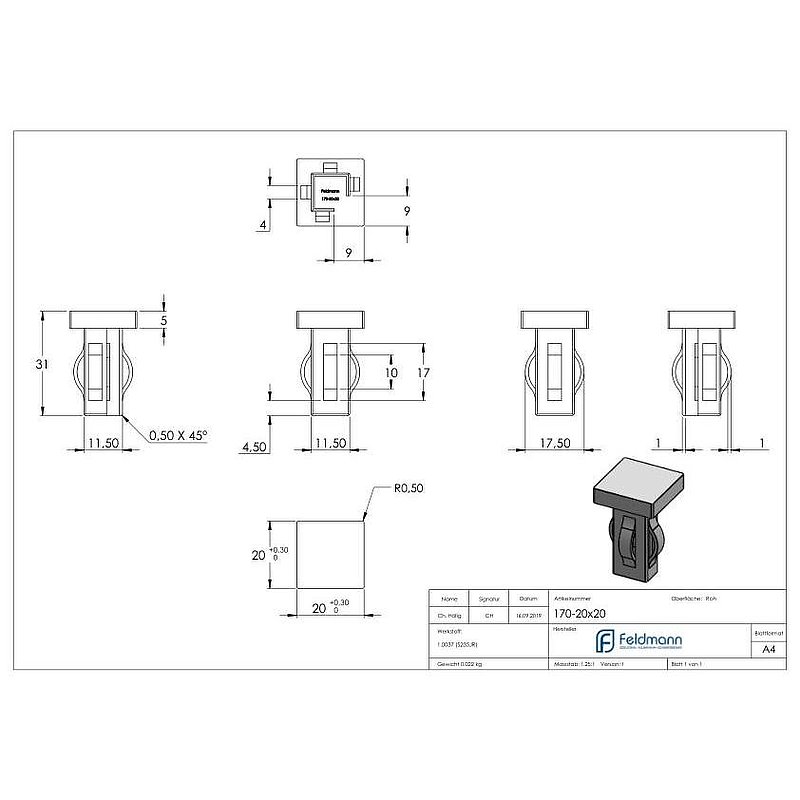 Bouchon en acier, pour tube carré 20x20mm