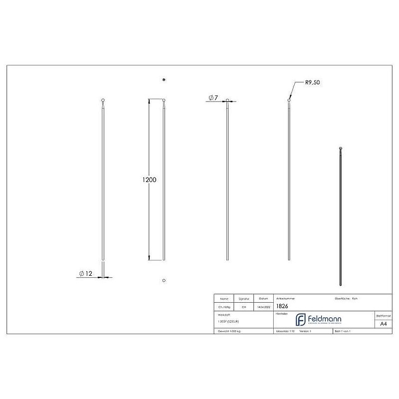 Zaunstab Ø 12mm, H: 1200mm, Kugel 19mm
