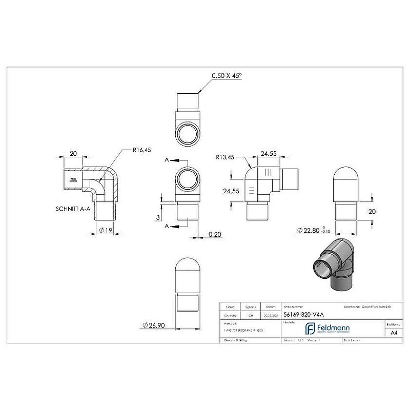 Rohrbogen 90° eng, für Rohr 26,9x2,0mm, V4A