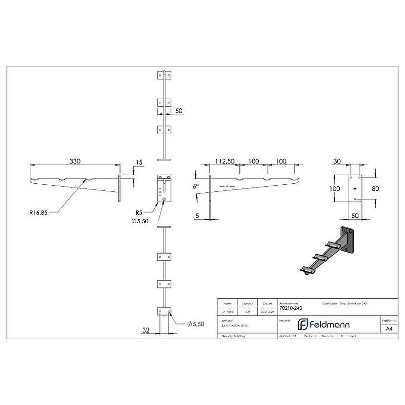 Tray slide support, for tube 33.7 mm, AISI304