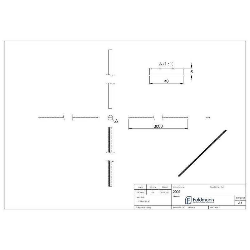 Flacheisen S235JR, 40x8mm, L: 3000mm