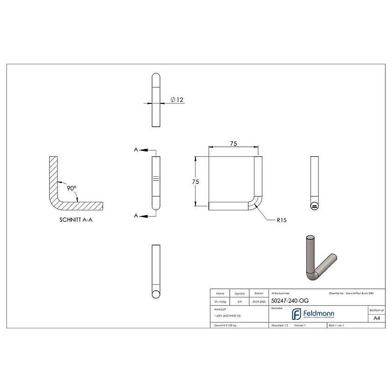 Bracket Ø 12mm, 90° bent, without thread, AISI304