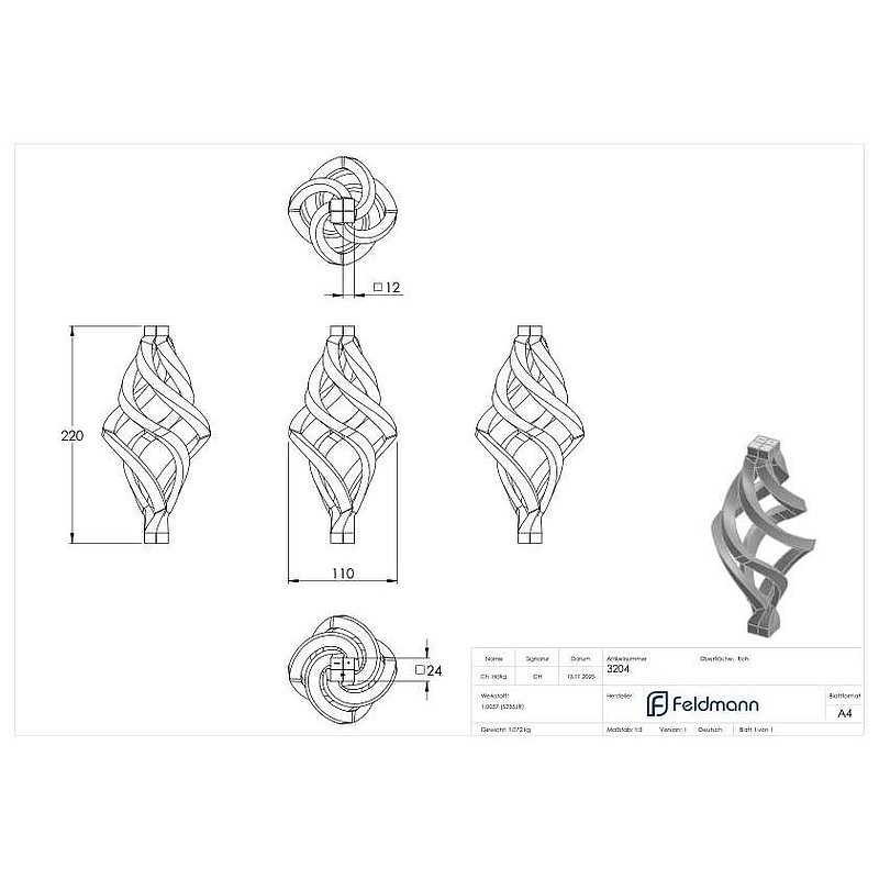 Zirbel 4x12x12mm, 210x110mm