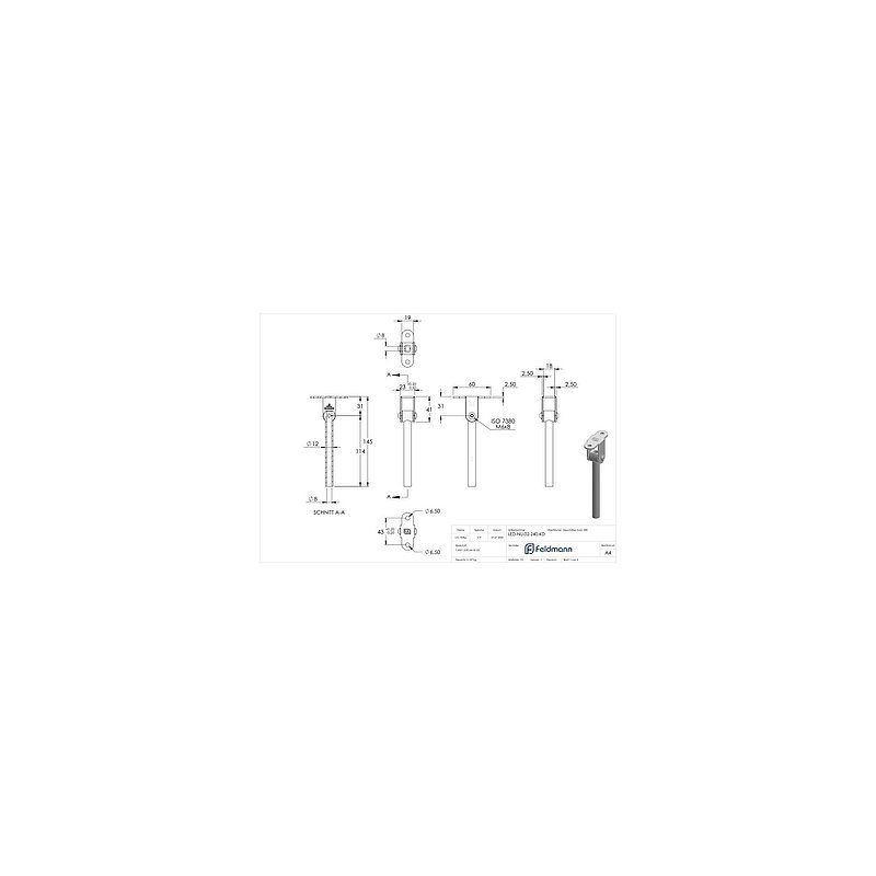 Pin with connecting plate and joint for LED handrail, AISI304