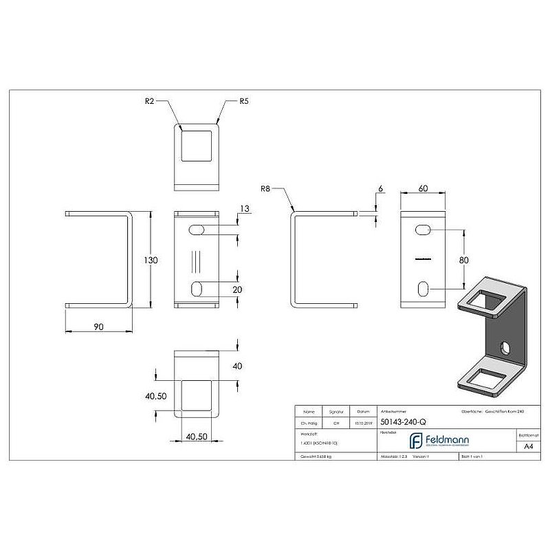 Wandbefestigung für Geländerpfosten 40x40mm, V2A