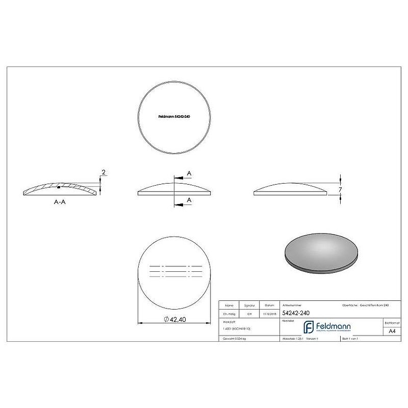 Gewölbte Schale Ø 42,4x2,0mm, H: 7mm, V2A