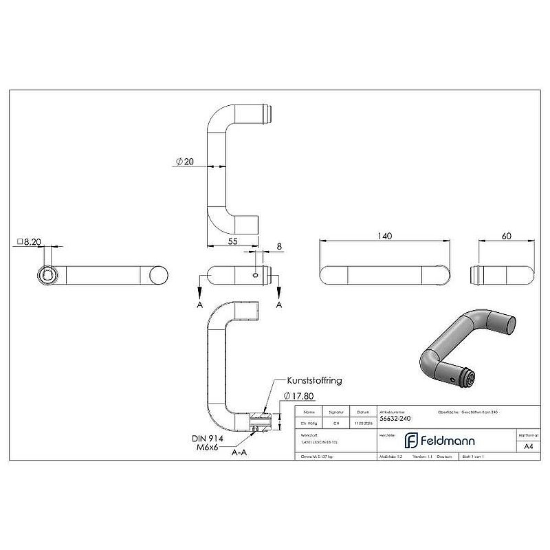 Lever handle, single, AISI304