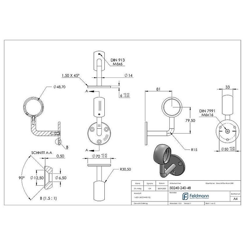 Handrail bracket with ball ring for 48.3 mm tube (round plate and bracket screwed together), AISI304