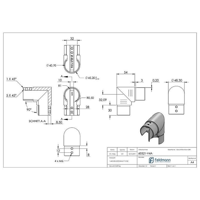 Vertical corner bend, for 48.3 mm, AISI316, frame corner
