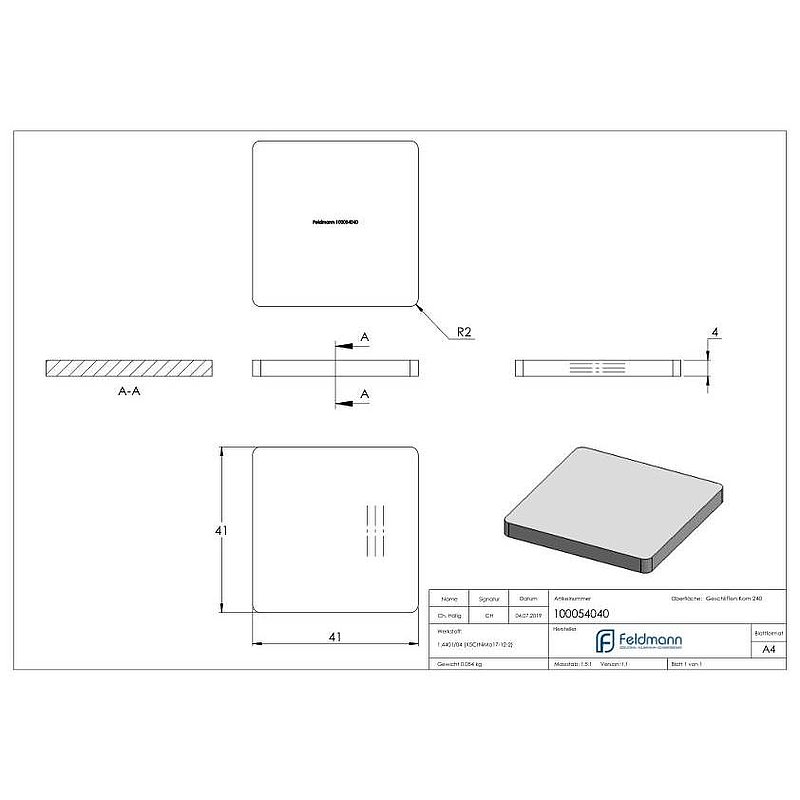 Flachkappe für Quadratrohr 40x40, V4A