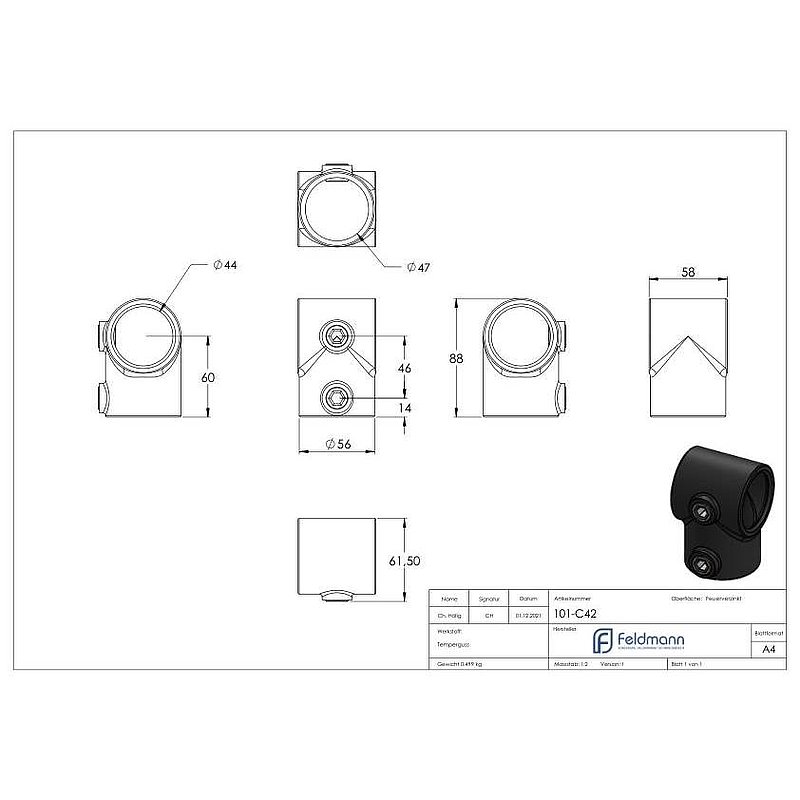 T-piece short, for pipe Ø 42.4mm